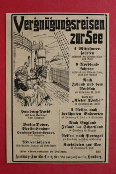 Blatt Historische Werbung Hamburg Amerika Linie 1905 Reise zur See nach Mittelmeer England Portugal Island Nordkap Nordlandfahrt